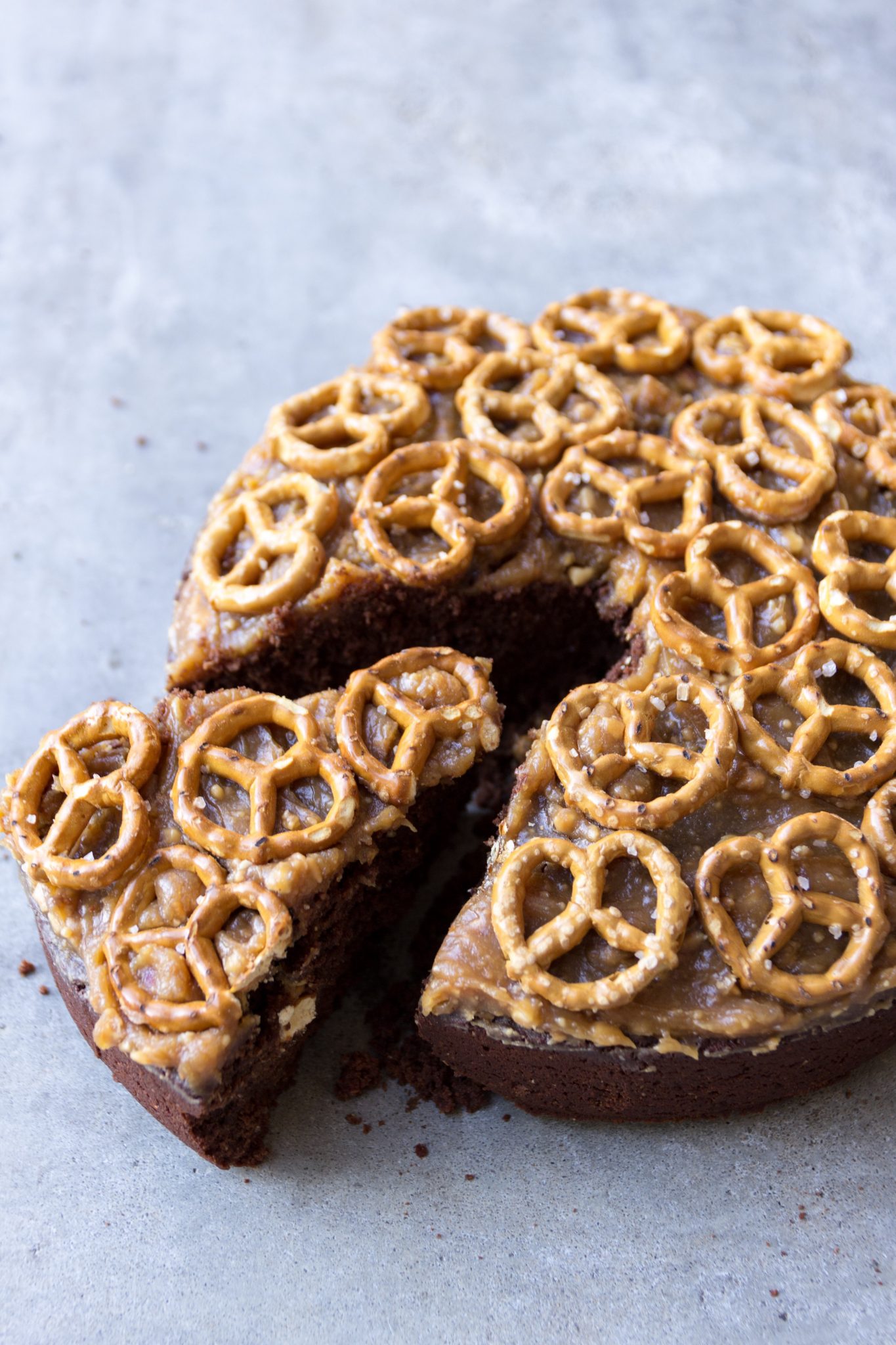 Vegan Chocolate Cake with Peanut Butter Icing and Salted Pretzels.