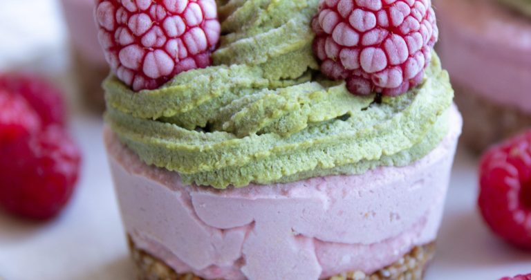 vegan matcha raspberry cheesecakes