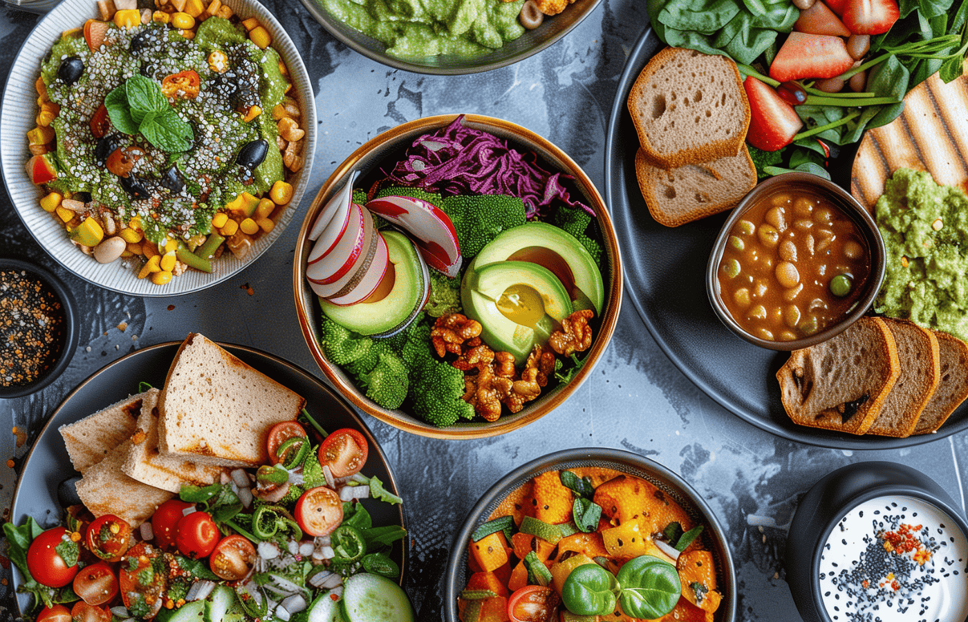 selection of easy vegan lunch ideas laid out on a table