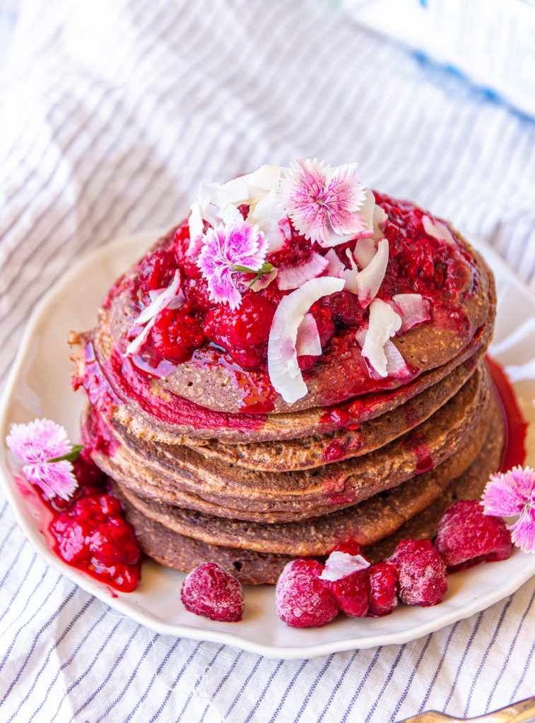 vegan chocolate pancake recipe with berries for mother's day. 