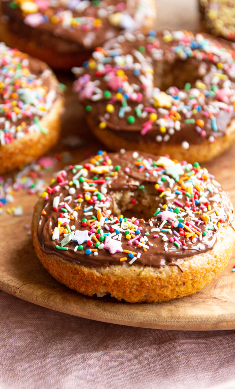 Baked Vegan Chocolate Glazed Donuts with Sprinkles