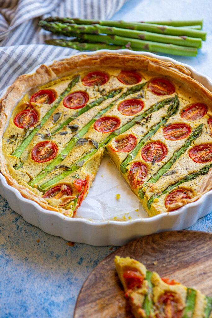 vegan quiche with chickpea flour and asparagus and no tofu