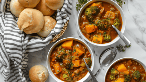 three bowls of Quick and Healthy Veggie Stew beside basket of bread rolls