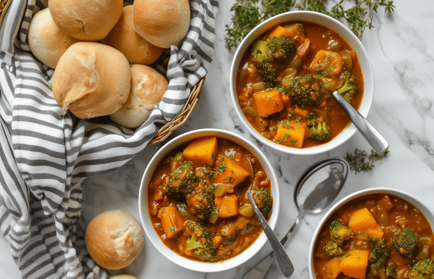 three bowls of Quick and Healthy Veggie Stew beside basket of bread rolls
