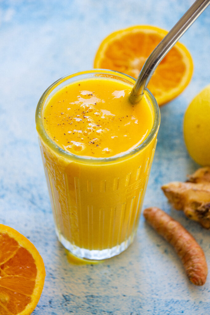 orange turmeric ginger smoothie with mango 
