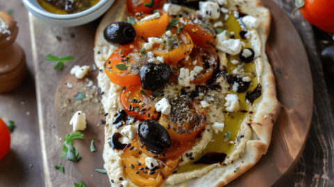 Vegan Mediterranean Hummus Flatbread With Pan-Fried Bell Peppers Recipe