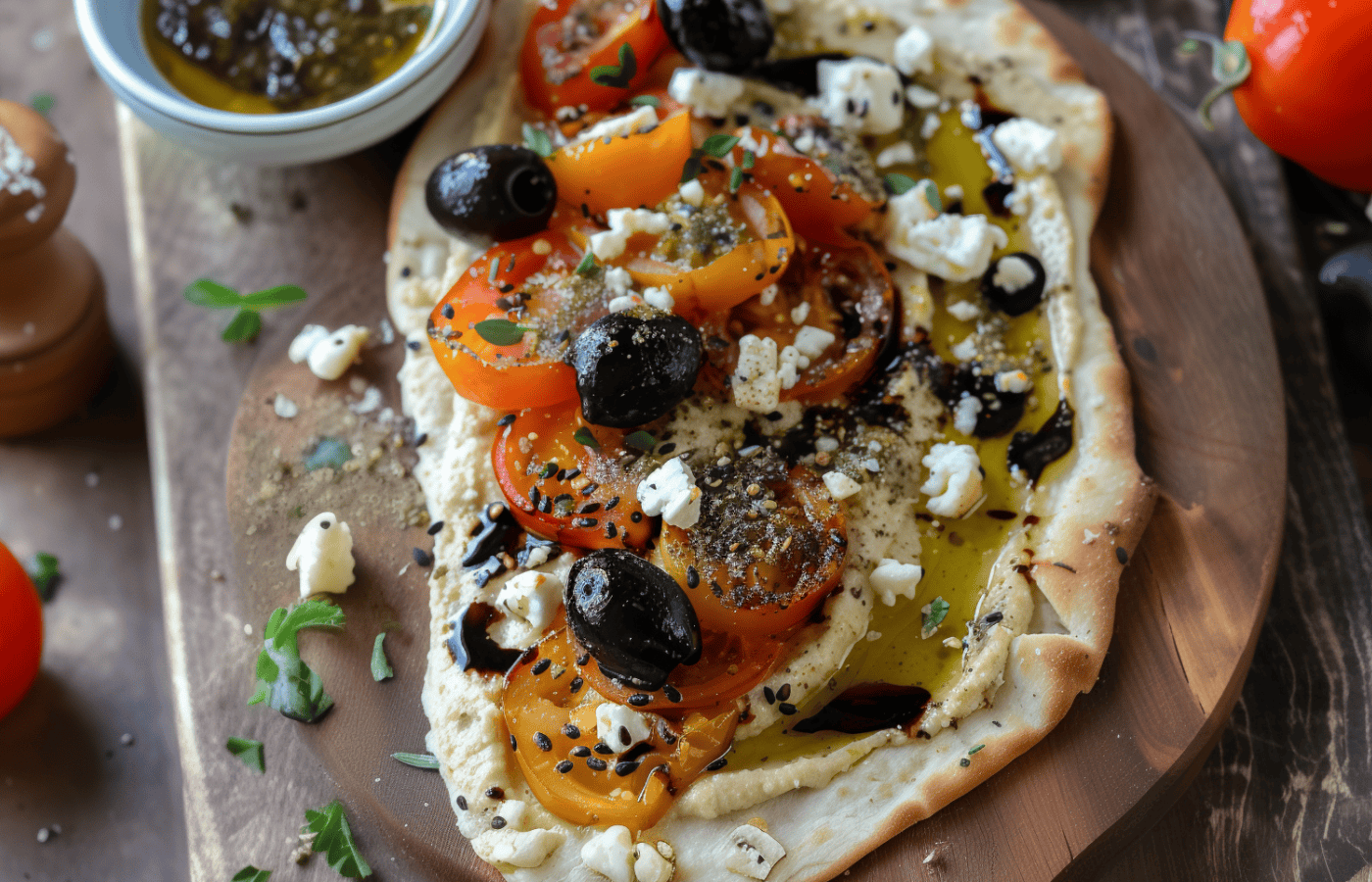 Vegan Mediterranean Hummus Flatbread With Pan-Fried Bell Peppers Recipe