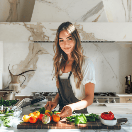 Photo of claire-Ann the Healthy French Wife cooking vegan meals in her kitchen