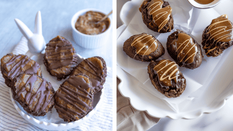 Egg-shaped vegan brownies with date caramel Sauce easter treats recipe