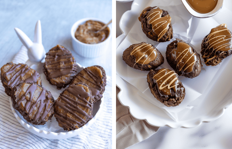 Egg-shaped vegan brownies with date caramel Sauce easter treats recipe