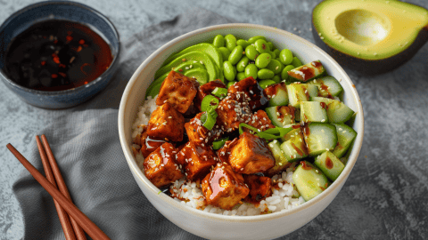 Vegan Sesame-Soy Marinated Tofu Poke Bowl recipe