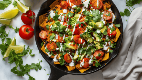 close up of Vegan Chilaquiles Black Bean Taco Skillet with Plant-Based Crema