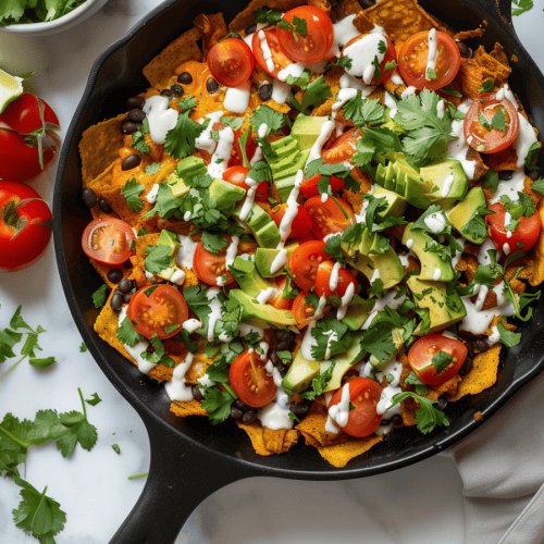 close up of Vegan Chilaquiles Black Bean Taco Skillet with Plant-Based Crema