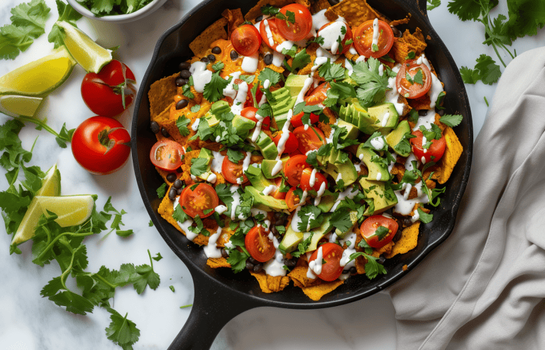 close up of Vegan Chilaquiles Black Bean Taco Skillet with Plant-Based Crema