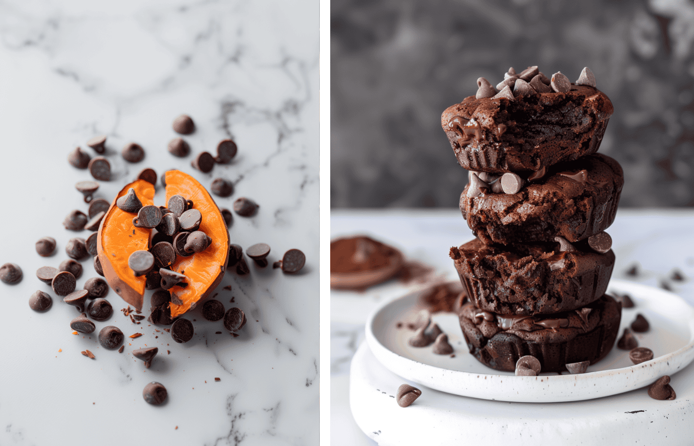 Delicious Vegan Chocolate Brownie Muffins With Hidden Sweet Potatoes beside a sweet potato cut in half with chocolate chips around it