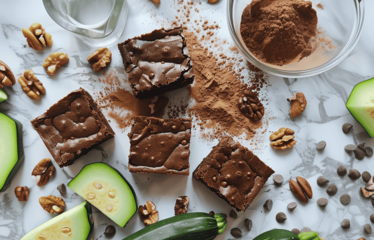 Vegan chocolate zucchini bread brownies on a countertop surrounded by chopped zucchini and walnuts